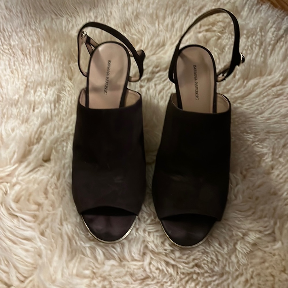 Brown suede peep-toe heels